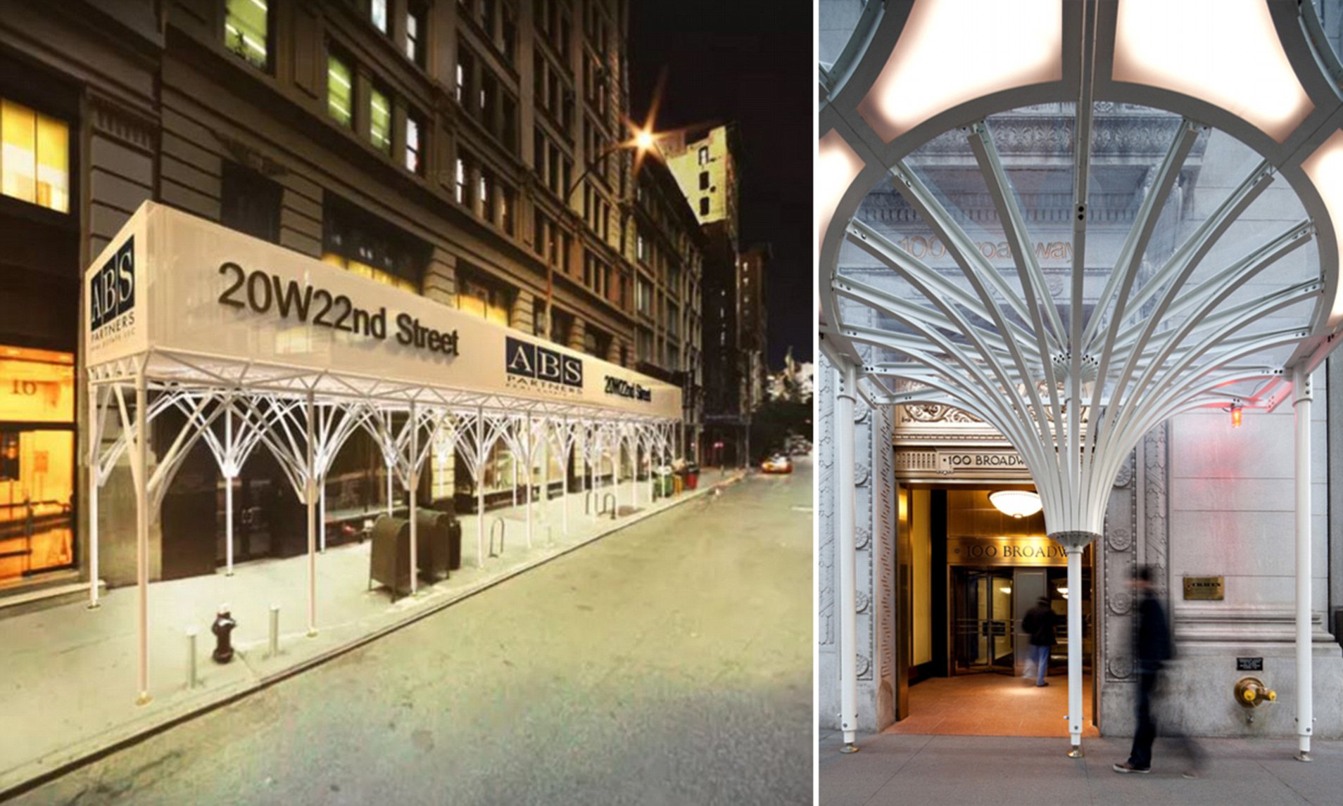 renderings of fancy white scaffolding on a sidewalk