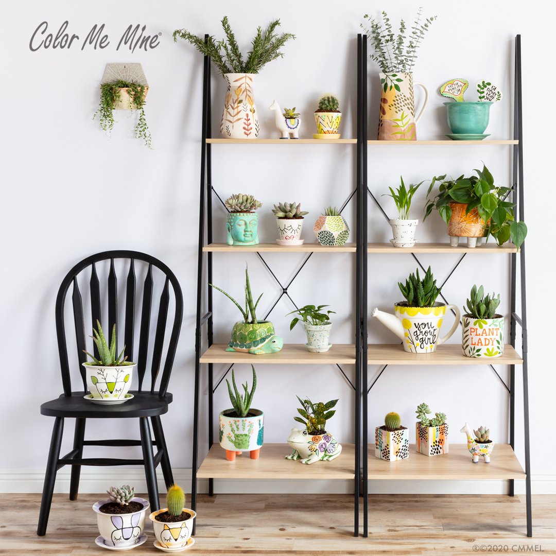 painter planters on tall shelves from Color Me Mine