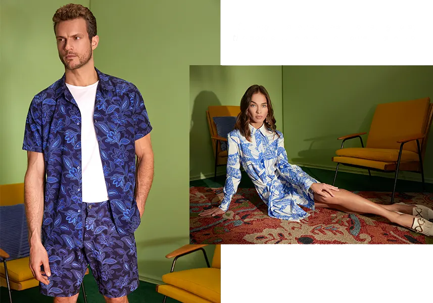 Robert Graham spring catalog image of a man and woman in floral spring attire