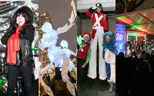 winters eve 2019 collage featuring ronnie spector, giant frost puppets, stilt walker and juggler, and a band on the dante park main stage