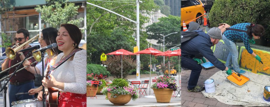 a collage of photos of BID activities including a band at the lunchtime concerts, tables/chairs/planters in Dante Park, and painting for the Barrier Beautification project 