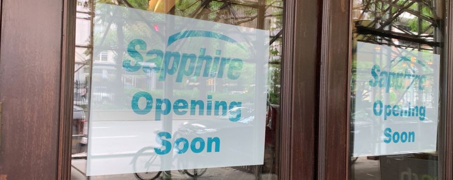 Opening Soon sign at 2014 Broadway  for Sapphire Indian Cuisine