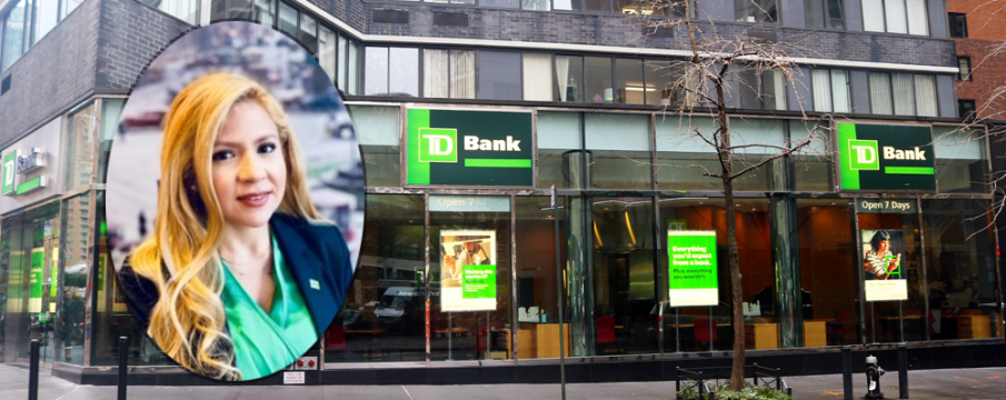 a headshot of Johanna Kyrk TD Bank Store Manager is superimposed over an outside shot of the TD Bank at 62nd St on Broadway