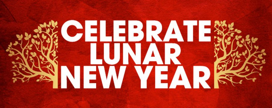 text _celebrate lunar new year_ over a red background with gold tree branch details along the side of the text