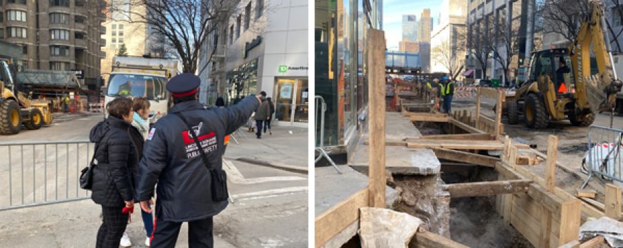 two photos side by side show an LSBID Public Safety Officer directing pedestrians around the closed off 62nd street and the torn up roadway for the steam main replacement by Con Edison