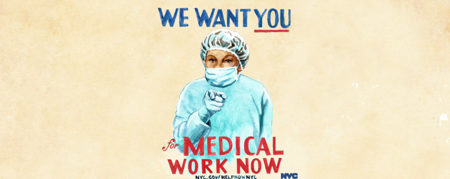 a nurse wearing scrubs poses in reference to uncle sam asking for help during COVID-19