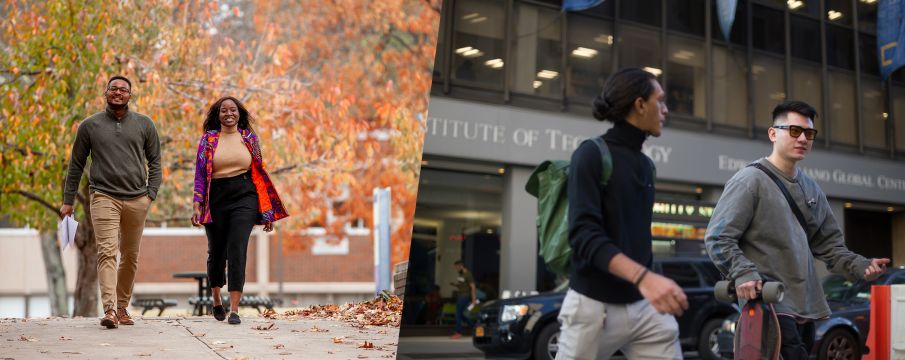 split photo of students walking around NYIT campus in Lincoln Square in the fall