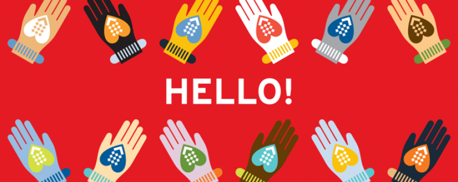 graphic of hands waving and "hello!"