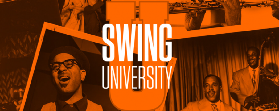 swing university logo with photos of musicians 