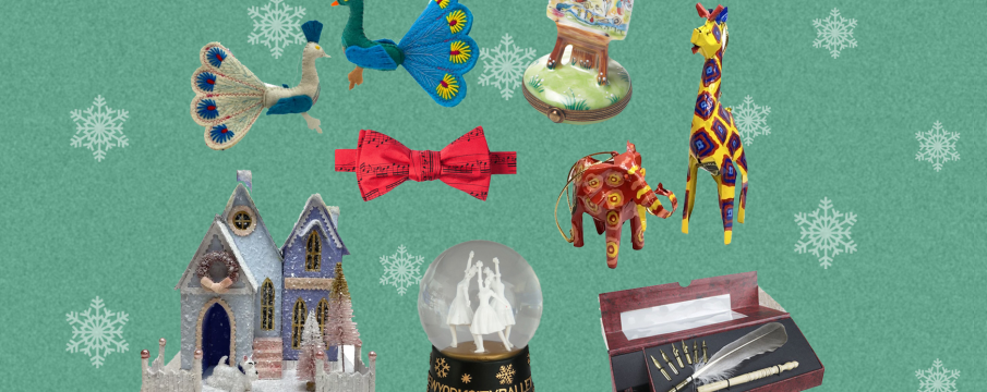 a collage of gifts from the Folk Art Museum Shop, NYCB Shop, and the Met Opera Shop