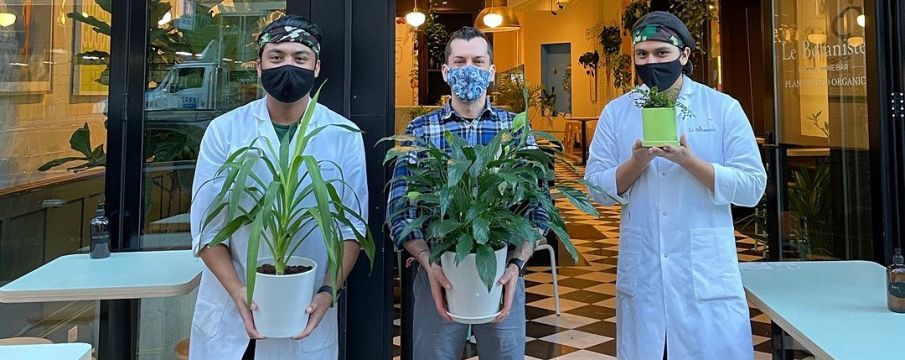 three young employees from Le Botaniste Upper West Side pose in front of the restaurant with plants