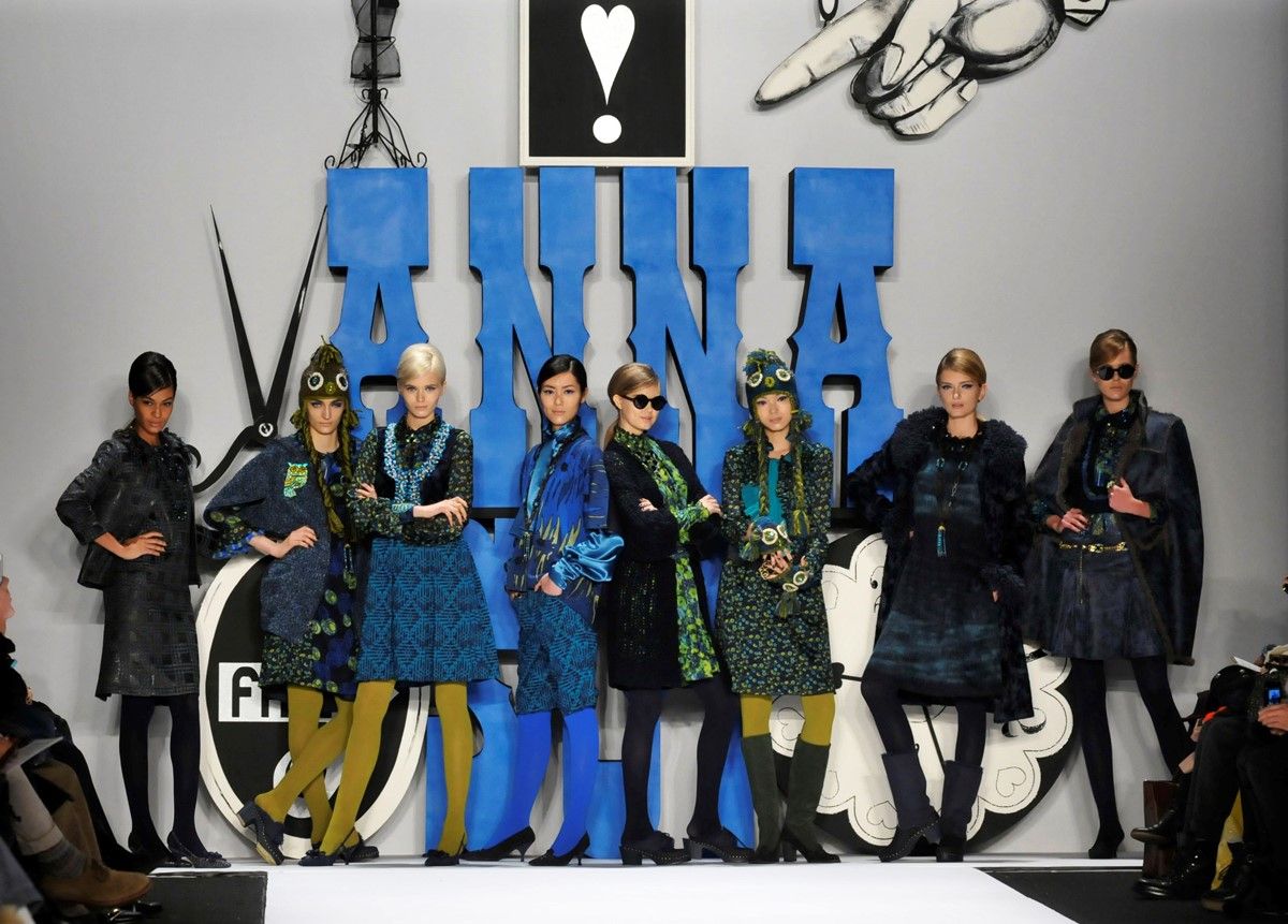models pose in designer Anna Sui's fall collection